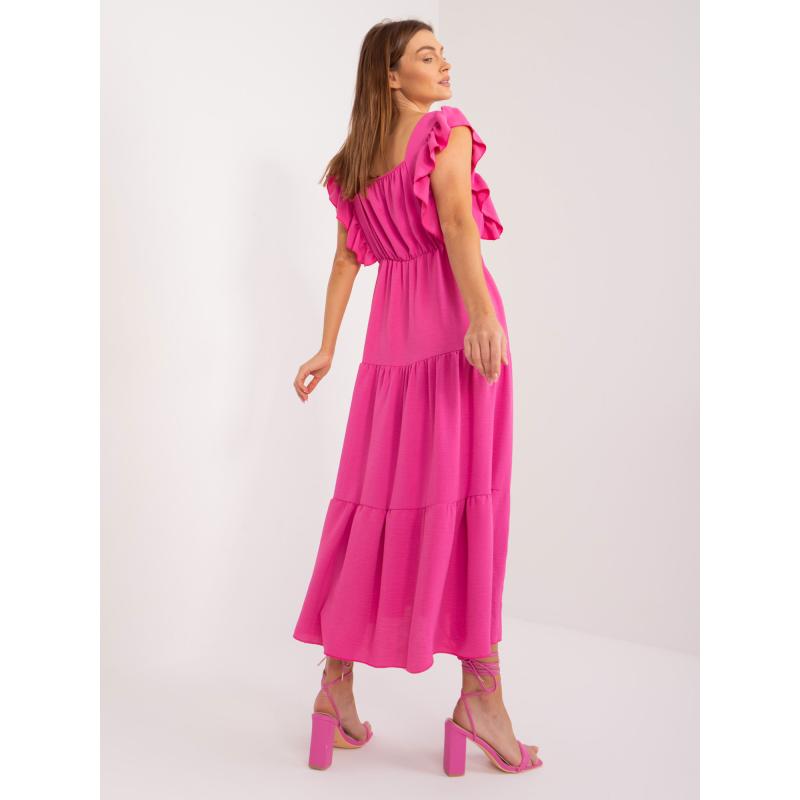 Dámské šaty s volánkem a elastickým pasem tmavě růžové 