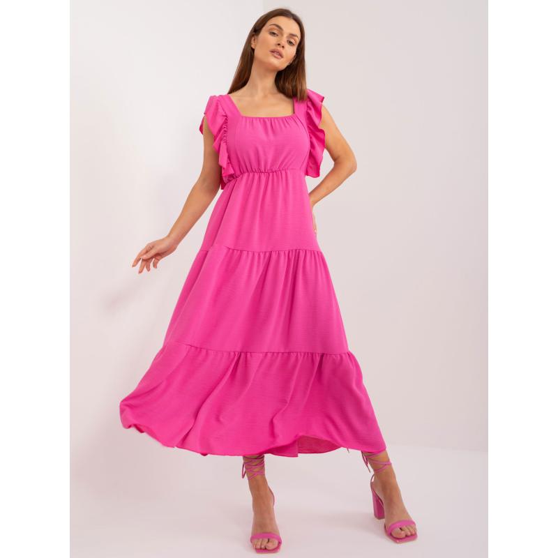 Női ruha fodros és elasztikus derékkal sötét rózsaszínű