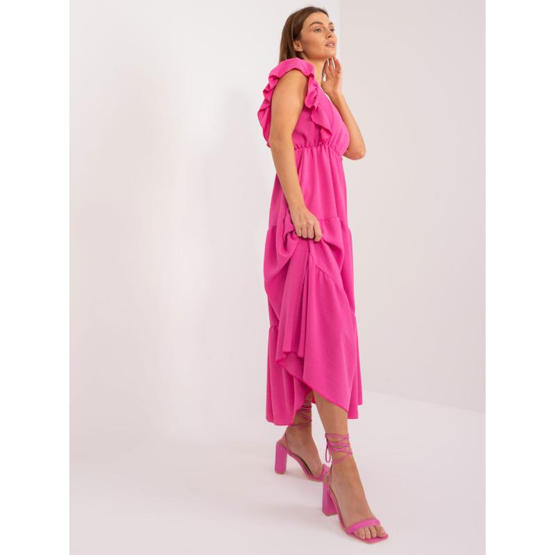 Női ruha fodros és elasztikus derékkal sötét rózsaszínű