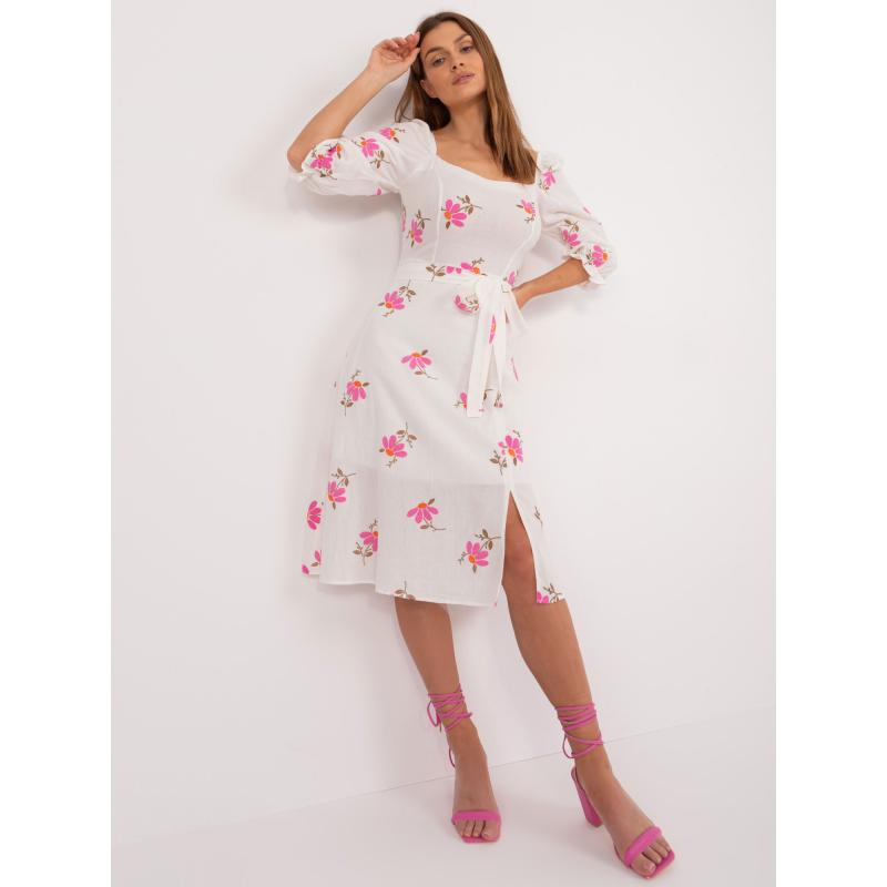 Dámské šaty s páskem květinové midi ecru-růžové 