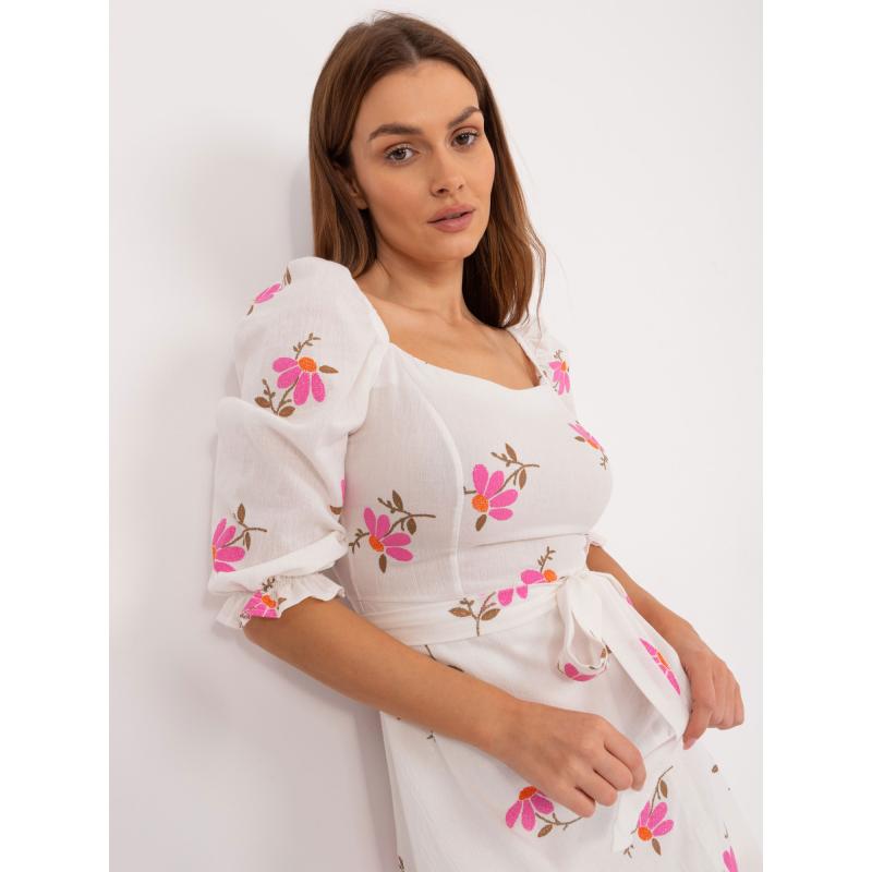 Dámské šaty s páskem květinové midi ecru-růžové 