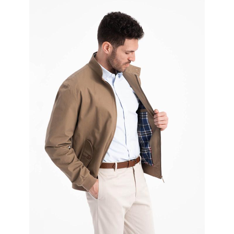 Pánska bunda Harrington so stojačikom a kockovanou podšívkou hnedá