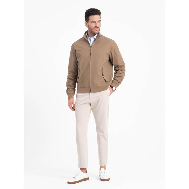 Pánska bunda Harrington so stojačikom a kockovanou podšívkou hnedá