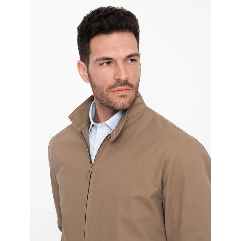 Pánska bunda Harrington so stojačikom a kockovanou podšívkou hnedá