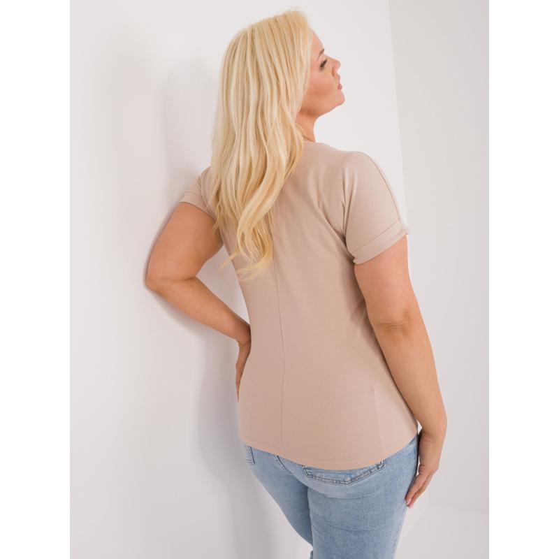 Dámské tričko s kamínkovou aplikací s nápisem plus size béžové  