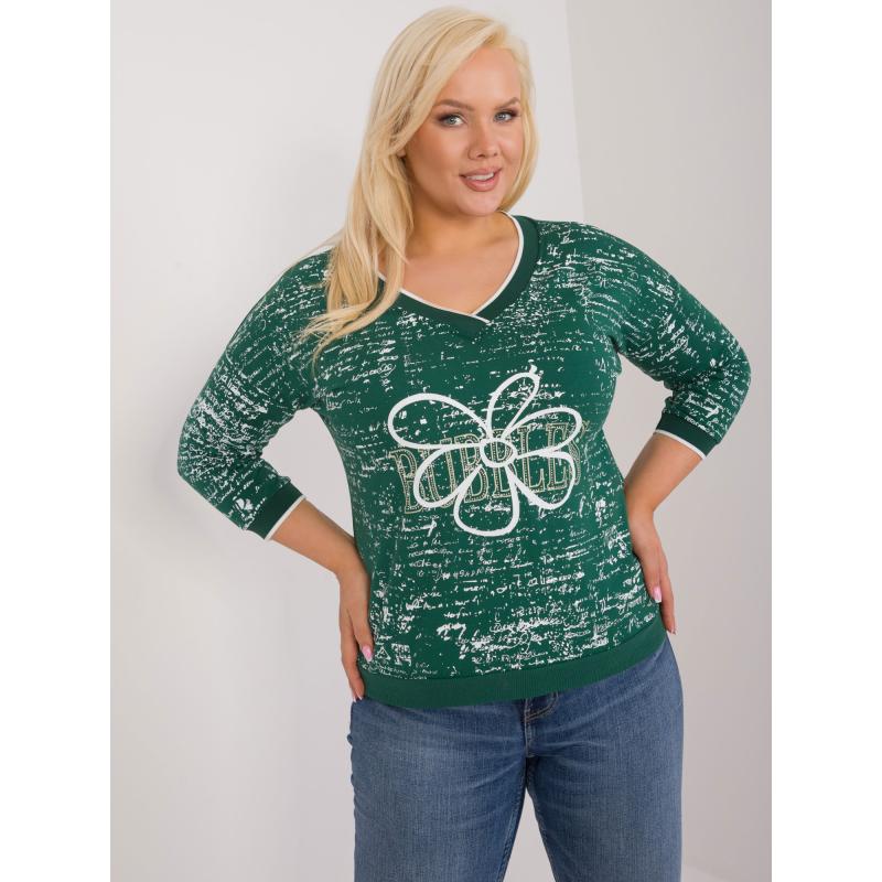 Női nyomtatott blúz strasszkövekkel plusz méret sötétzöld