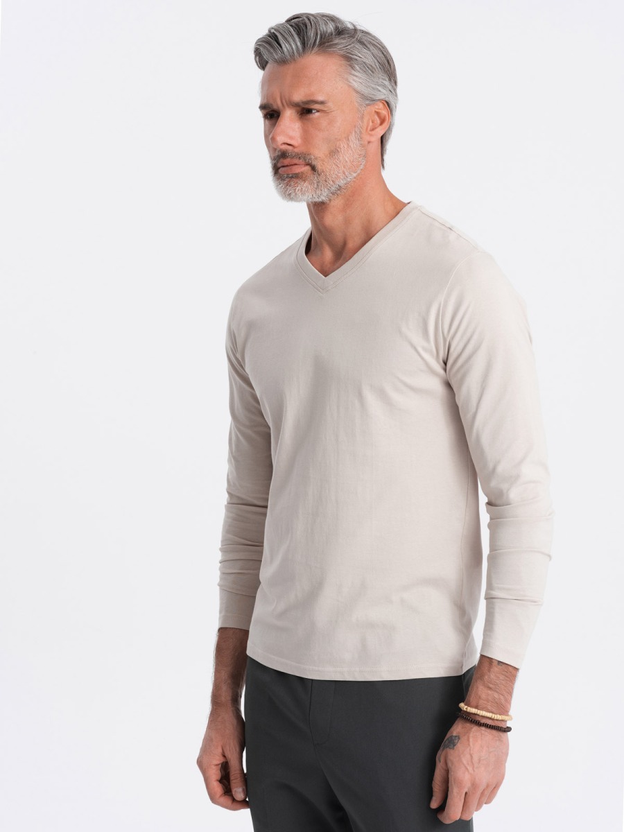 Pánské tričko s dlouhým rukávem bez potisku s výstřihem do V světle béžový 