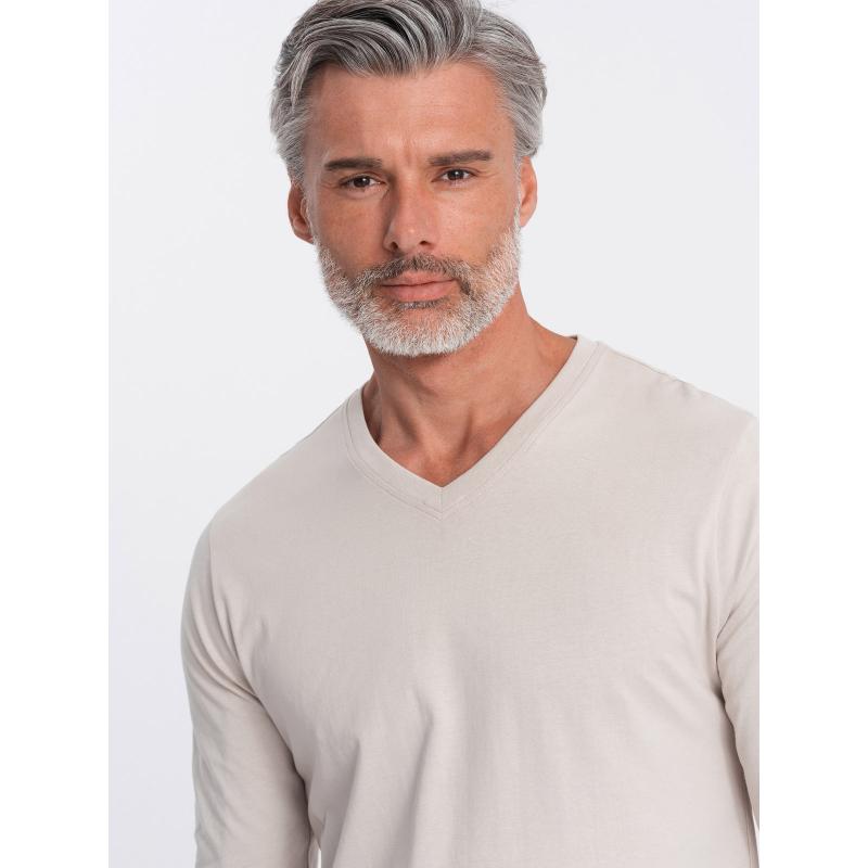Pánské tričko s dlouhým rukávem bez potisku s výstřihem do V světle béžový 