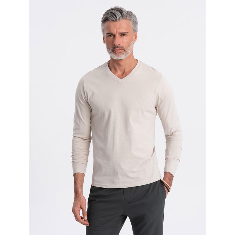 Pánské tričko s dlouhým rukávem bez potisku s výstřihem do V světle béžový 
