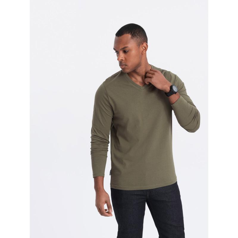 Pánské tričko s dlouhým rukávem bez potisku s výstřihem do V tmavě olivový 
