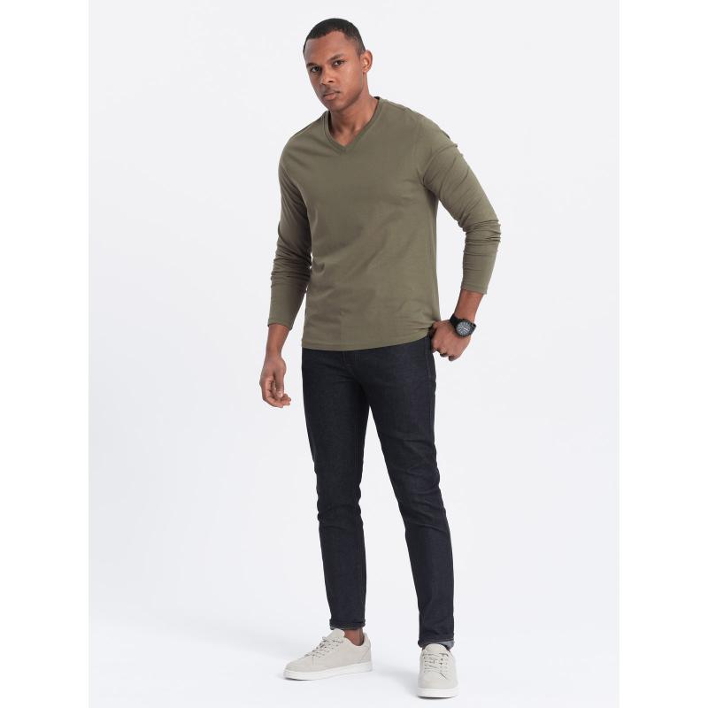 Pánské tričko s dlouhým rukávem bez potisku s výstřihem do V tmavě olivový 