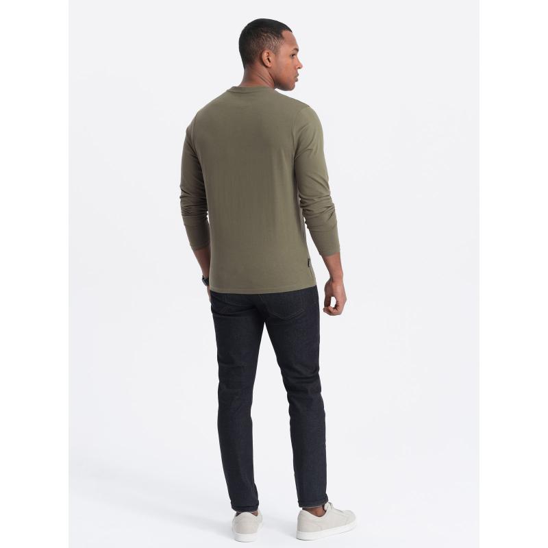 Pánské tričko s dlouhým rukávem bez potisku s výstřihem do V tmavě olivový 