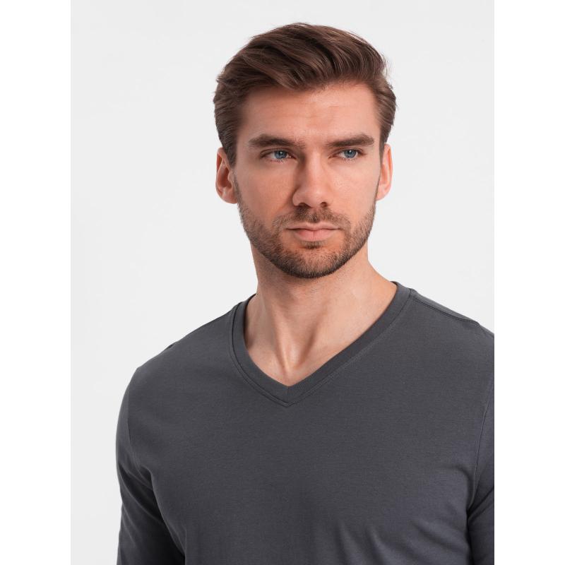 Pánské tričko s dlouhým rukávem bez potisku s výstřihem do V grafitový