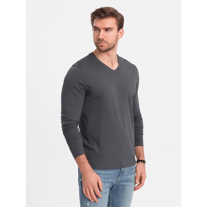 Pánské tričko s dlouhým rukávem bez potisku s výstřihem do V grafitový