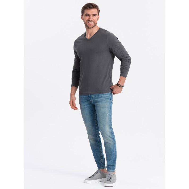 Pánské tričko s dlouhým rukávem bez potisku s výstřihem do V grafitový