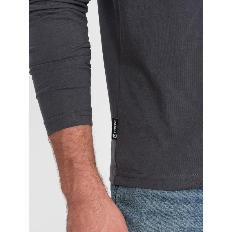 Pánské tričko s dlouhým rukávem bez potisku s výstřihem do V grafitový