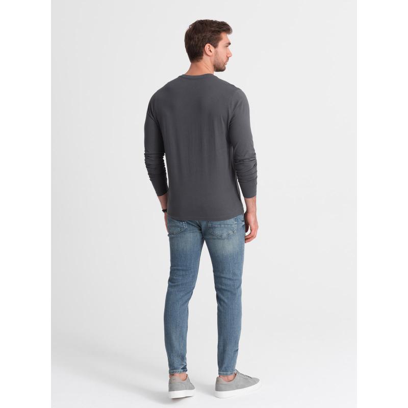 Pánské tričko s dlouhým rukávem bez potisku s výstřihem do V grafitový