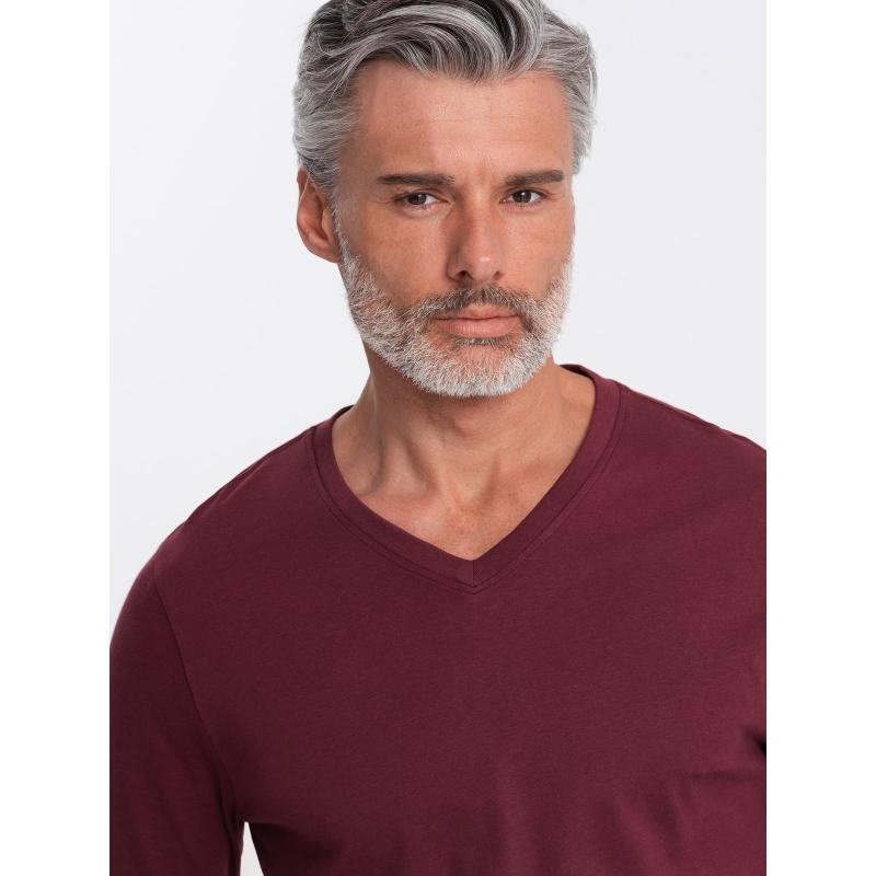 Pánské tričko s dlouhým rukávem bez potisku s výstřihem bordó 