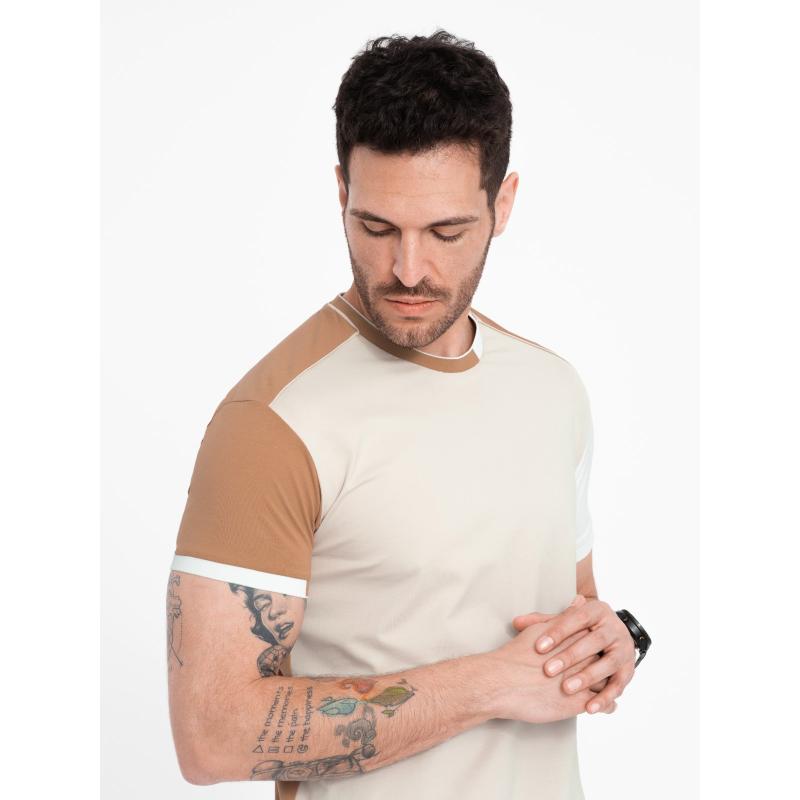 Pánské elastanové tričko s barevnými rukávy hnědé 