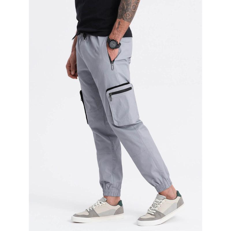 Pánské kalhoty JOGGER se stojáčkem a nákladovými kapsami na zip světle šedé 