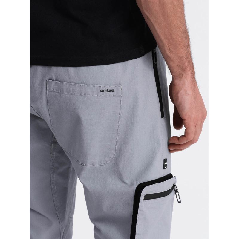 Pánské kalhoty JOGGER se stojáčkem a nákladovými kapsami na zip světle šedé 