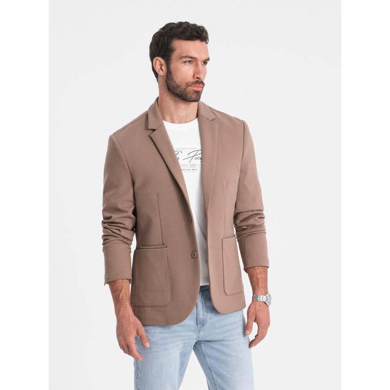 Férfi kabát zsebekkel, foltokkal V3 OM-BLZB-0127 sötét bézs