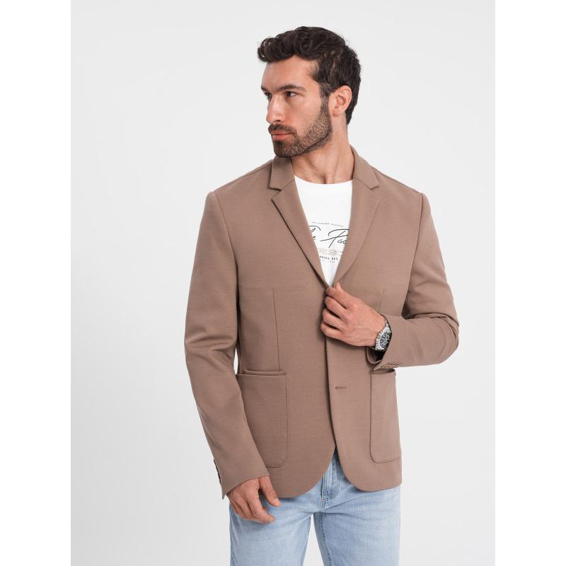 Férfi kabát zsebekkel, foltokkal V3 OM-BLZB-0127 sötét bézs