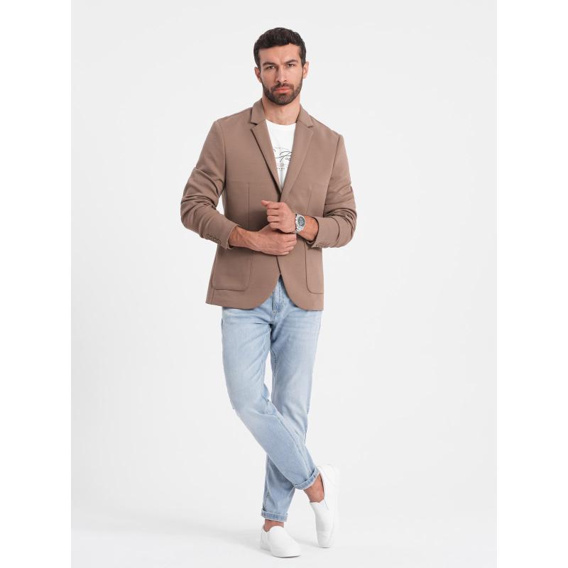 Férfi kabát zsebekkel, foltokkal V3 OM-BLZB-0127 sötét bézs