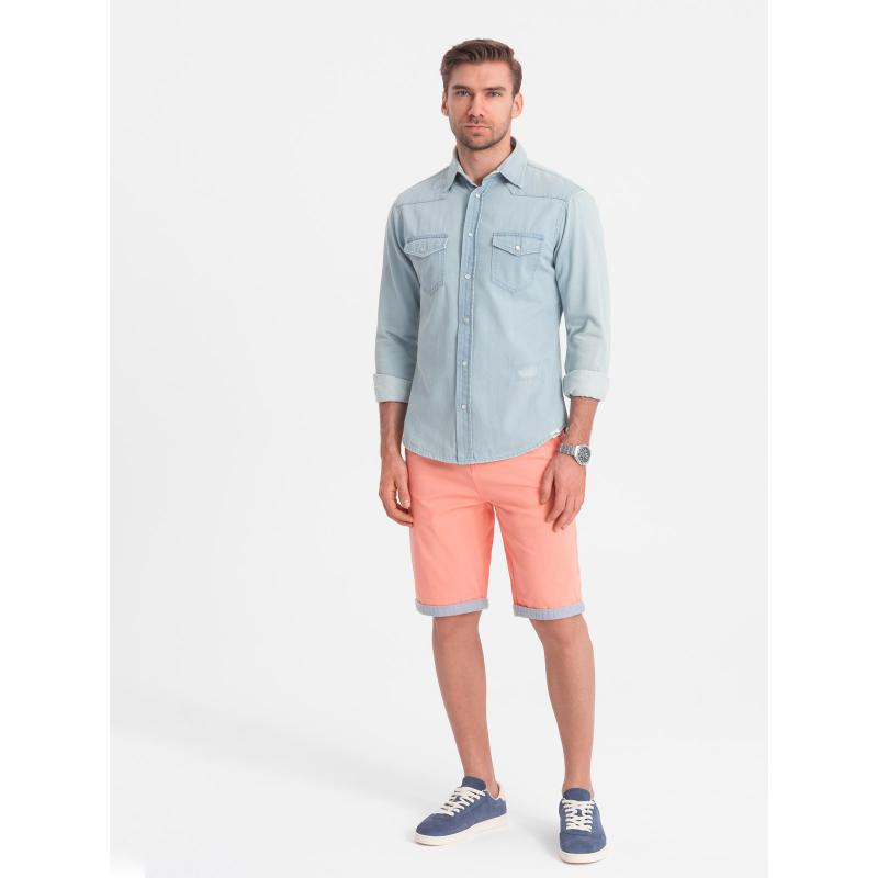 Pánské chinos šortky s džínovým lemem lososové V9 W421