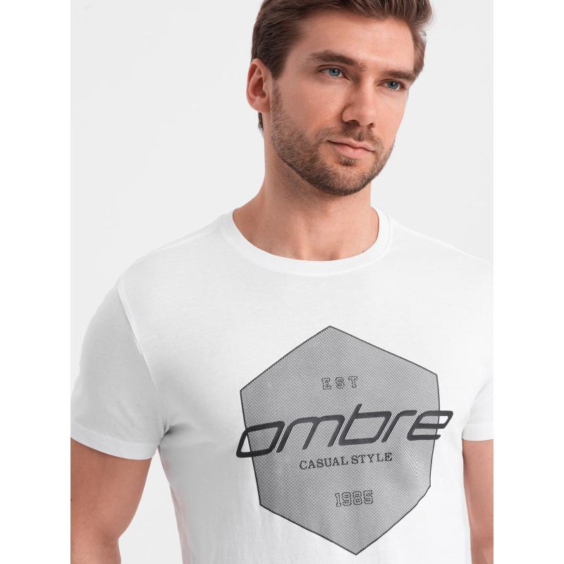 Pánske bavlnené tričko s geometrickou potlačou a logom biele