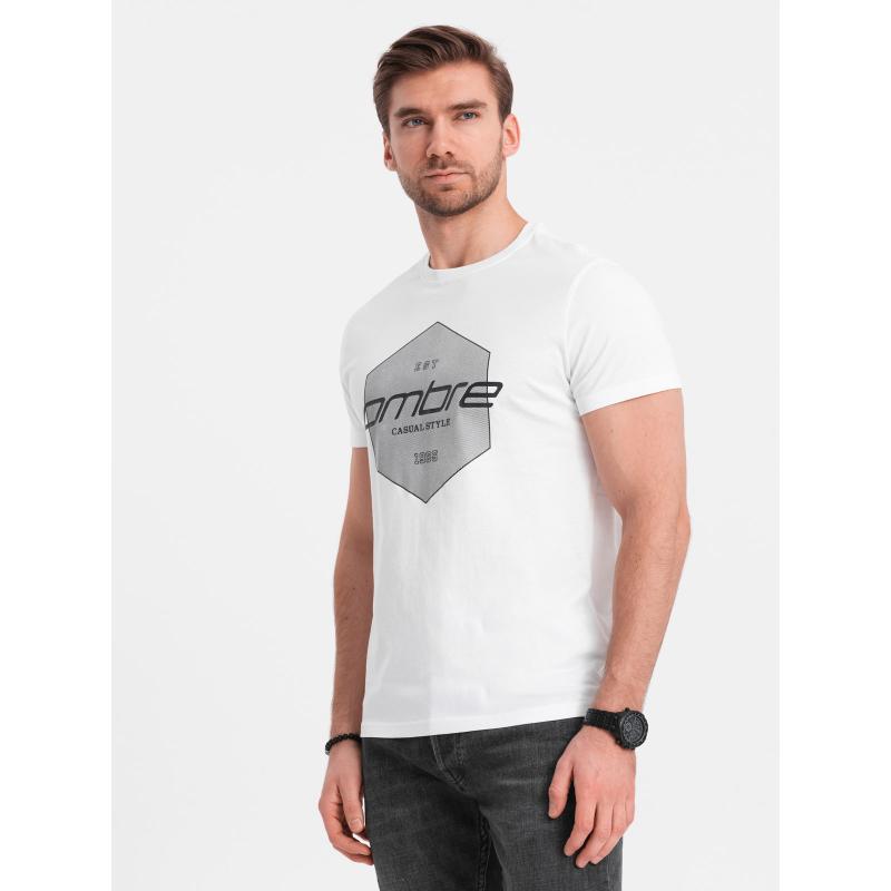 Férfi pamut póló geometrikus mintával és logóval fehér