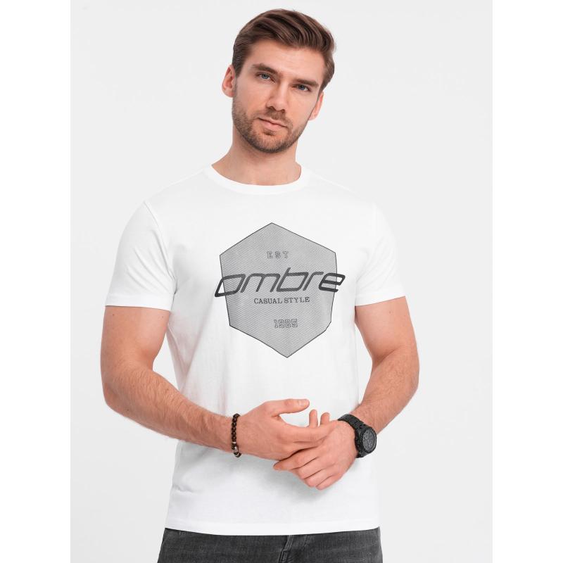 Férfi pamut póló geometrikus mintával és logóval fehér