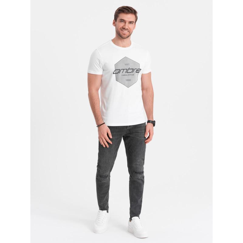 Férfi pamut póló geometrikus mintával és logóval fehér