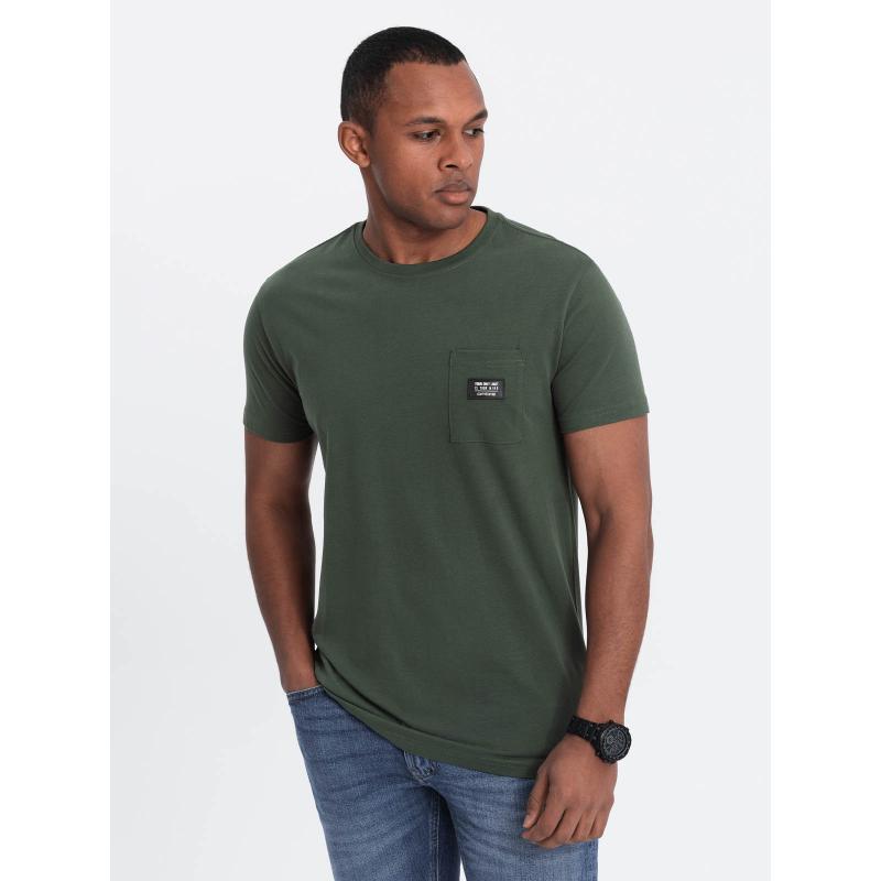 Pánske tričko s vreckom s nášivkou V4 OM-TSCT-0109 tmavo olivová