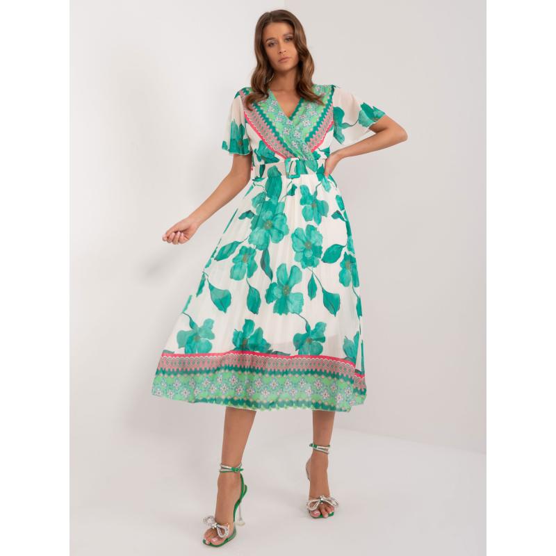 Dámské šaty s páskem zeleno-béžové 