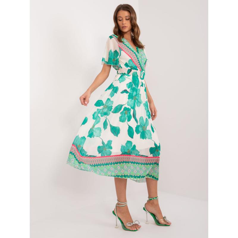 Dámské šaty s páskem zeleno-béžové 