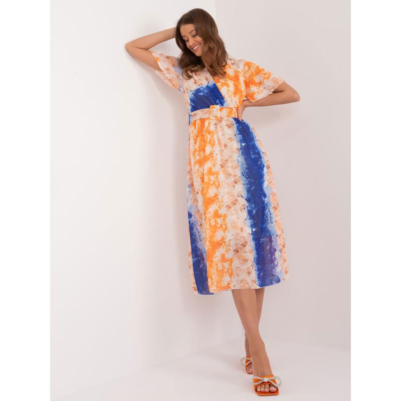 Női mintás övvel díszített ruha narancssárga kék