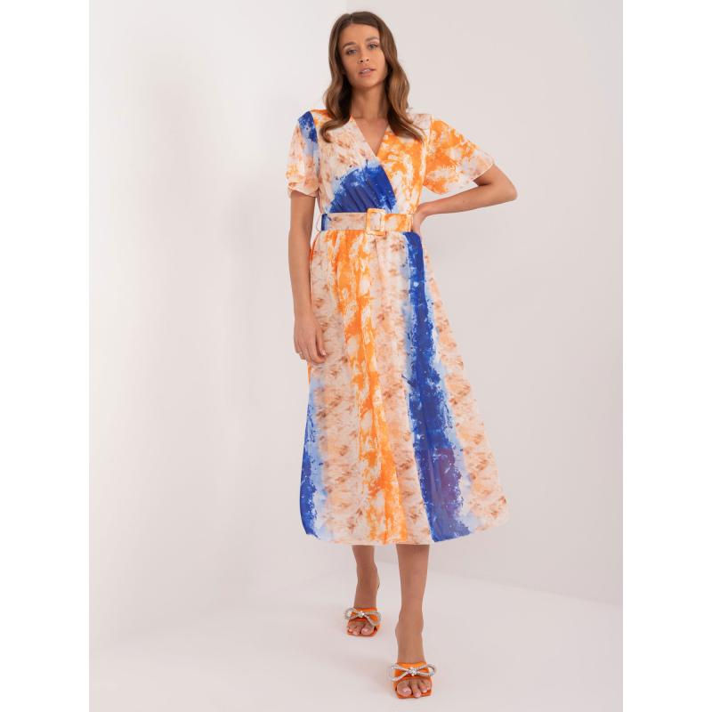 Dámské šaty s páskem vzorované oranžovo modré 