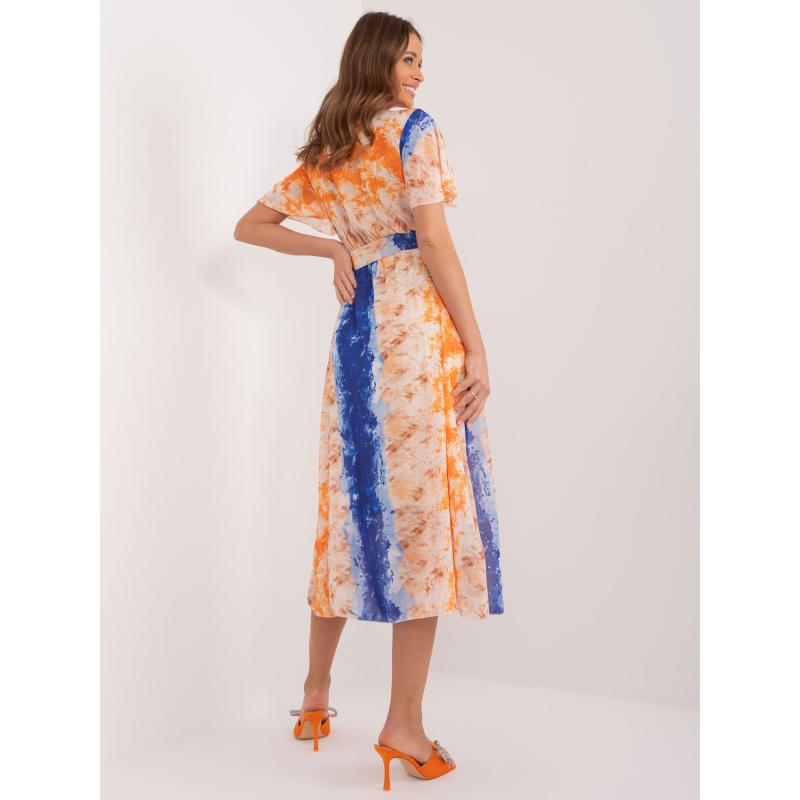 Dámské šaty s páskem vzorované oranžovo modré 