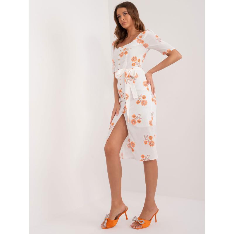 Női rövid ujjú ruha ekrü-narancs színben
