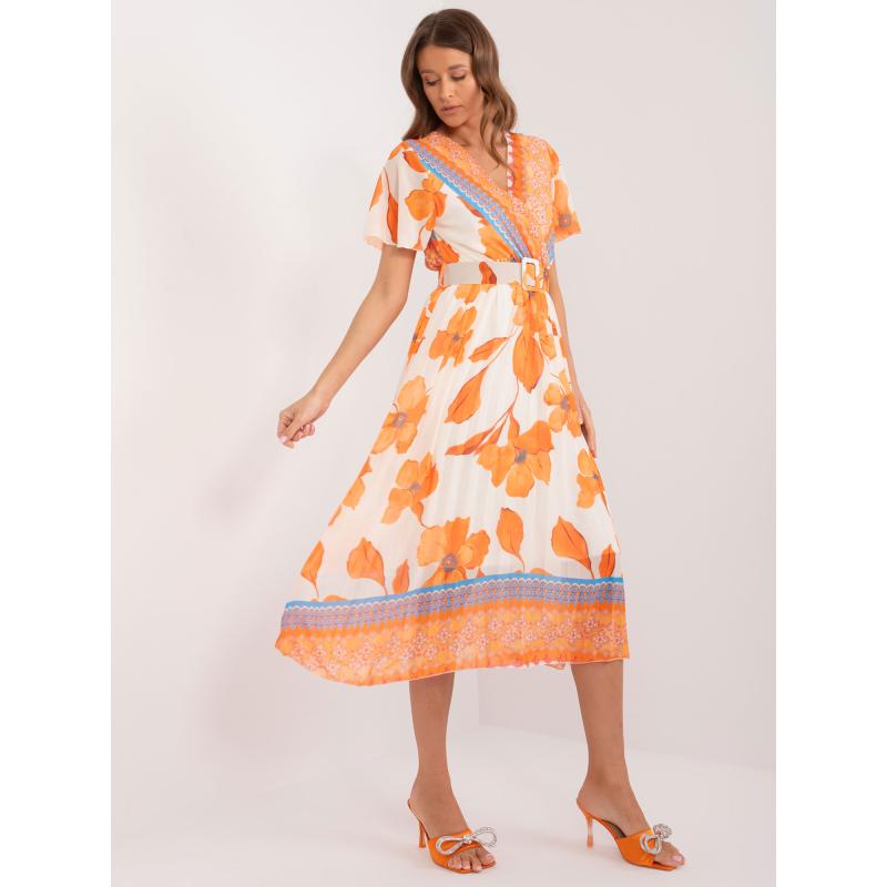 Dámské šaty s páskem vzorované oranžovo-béžové 