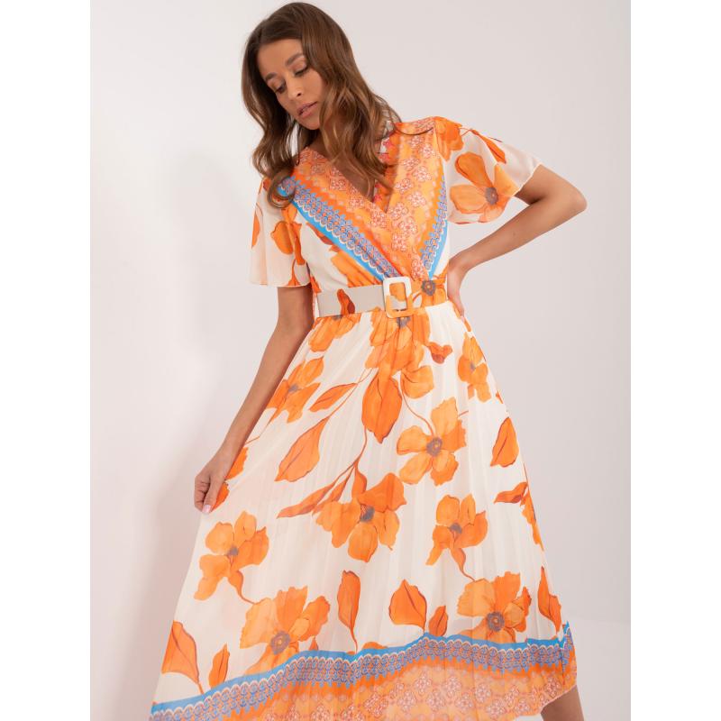 Dámské šaty s páskem vzorované oranžovo-béžové 