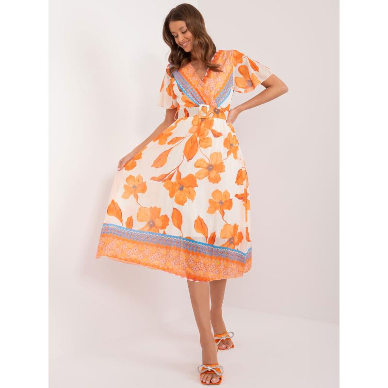 Dámské šaty s páskem vzorované oranžovo-béžové 