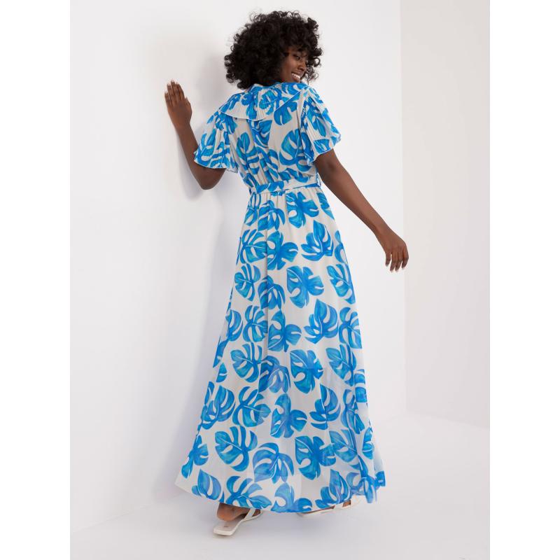 Női ruha fodrokkal a nyakkivágásnál ekrü-kék