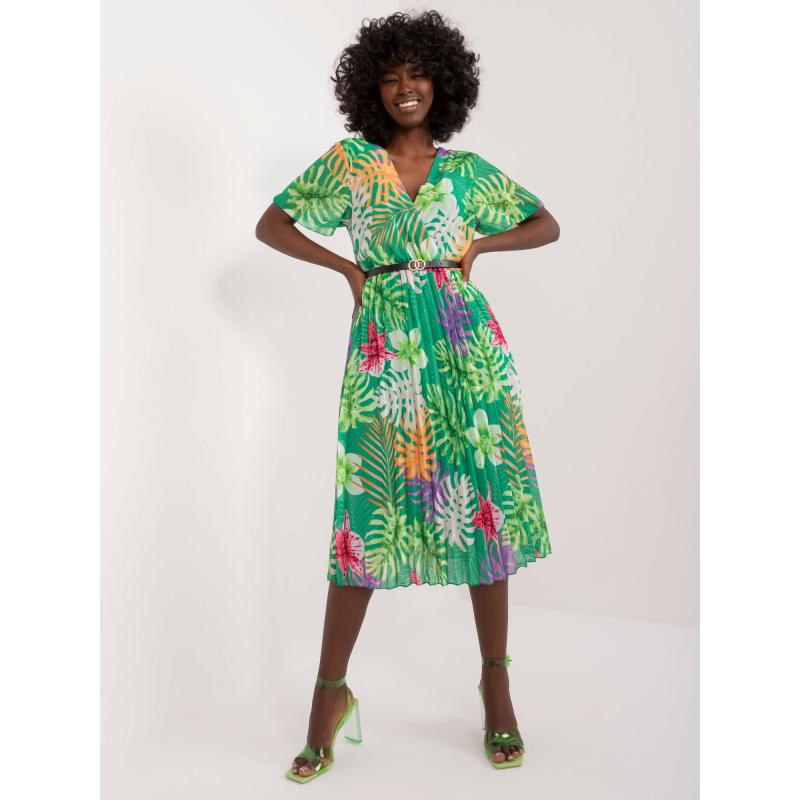 Dámské šaty s páskem plisované zelené 