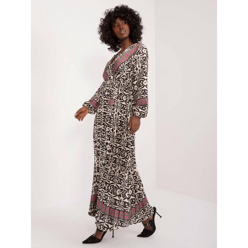 Dámské šaty s páskem vzorované černo-béžové 