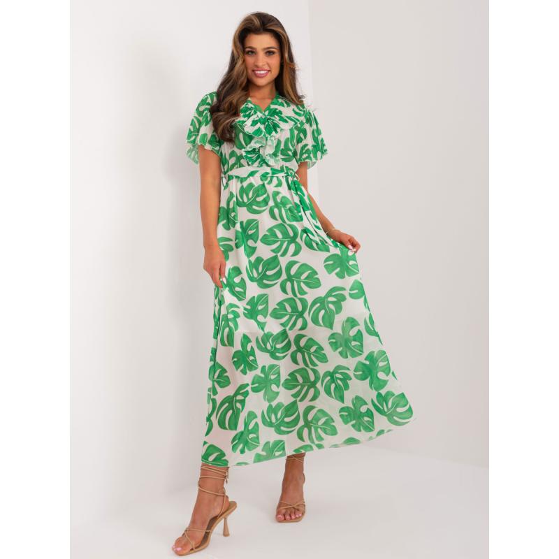 Dámské šaty s páskem s rozhalenkou ecru-zelené 