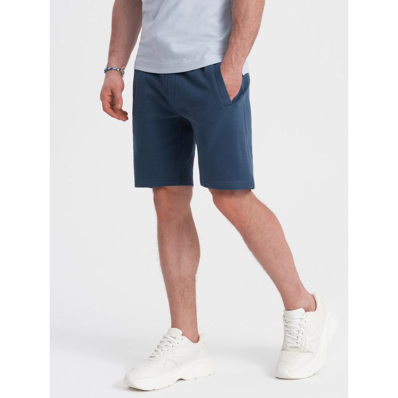 Pánske pletené šortky so sťahovacou šnúrkou a vreckami tmavomodré