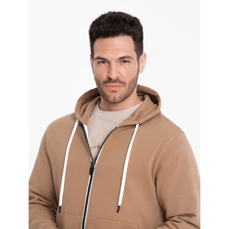 Férfi BASIC kapucnis pulóver kapucni nélkül, gombos záródással barna