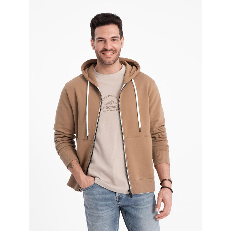 Férfi BASIC kapucnis pulóver kapucni nélkül, gombos záródással barna